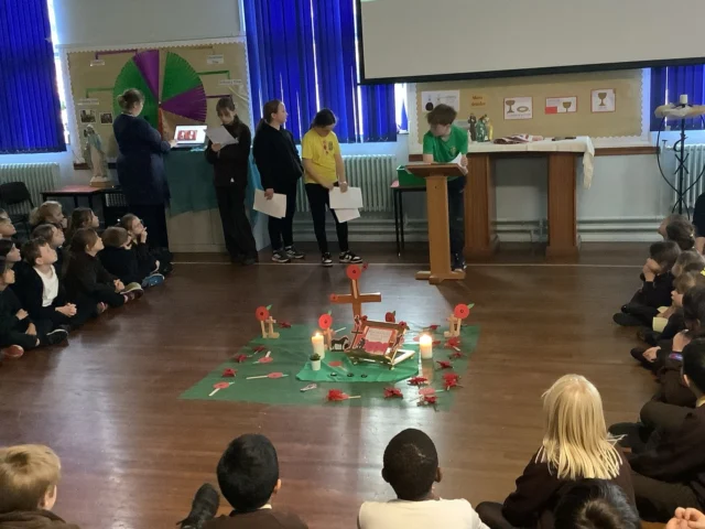 Some Y6 pupils led a poignant Celebration of the Word on remembrance. #LestWeForget